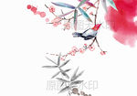 梅花叶喜鹊鸟水彩水墨古典中国画