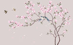 新中式手绘玉兰花鸟壁画背景墙