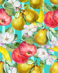 手绘水彩水果苹果梨子苹果花图案