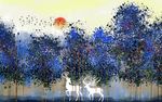 欧式现代抽象麋鹿风景油画背景墙