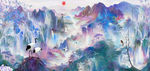 抽象新中式山水仙鹤背景墙