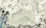 新中式手绘玉兰花鸟背景墙