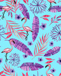 手绘热带植物火烈鸟服装印花图