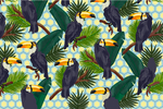 手绘热带植物鸟服装印花图案