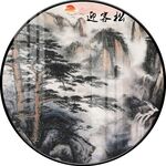 中式山水迎客松圆形装饰画图片