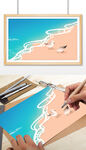 浪漫海边沙滩海鸥手绘插画背景