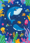 卡通鲸鱼蓝色海底珊瑚热带鱼背景