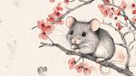 水墨風小鼠棲于花枝間