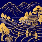 線描茶園茶葉場景