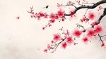 水墨紅梅枝頭飛鳥圖