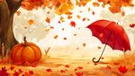 秋日樹(shù)下紅傘與南瓜景致