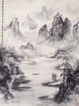 水墨山水間 孤舟泛江景