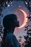 少女仰望夢幻星月夜景