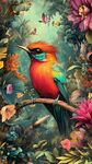 色彩斑斕的鳥兒棲息花叢中
