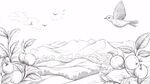 田園飛鳥與碩果素描圖