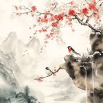 紅梅枝頭雙鳥倚山景