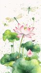 夏日荷花蜻蜓水彩插畫