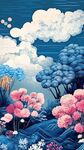 夢幻藍粉系自然風景插畫