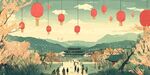 古風(fēng)春景中懸掛的喜慶燈籠
