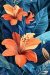 橙花藍(lán)葉的熱帶花卉圖案