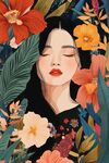 花叢中閉眼的美麗女子