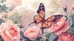 蝴蝶翩躚于柔美玫瑰花間