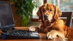 金毛犬趴桌伴黑屏電腦