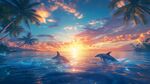 夕陽下海豚在海面嬉戲