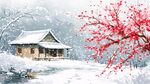 雪中日式小屋與綻放紅梅