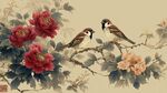 花鳥圖中雙雀棲于繁花間