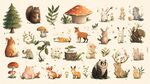森林動物與植物插畫集合