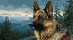 德國(guó)牧羊犬眺望山林美景
