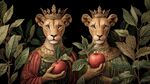 雙獅女王持蘋果奇幻場景