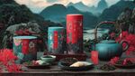 中式雅致茶具與山水景致