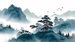 水墨山川間的松影飛鳥
