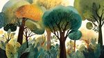 夢(mèng)幻森林插畫 多彩樹木景觀