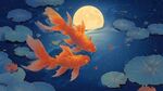 月夜池塘中的雙金魚(yú)