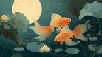 月夜荷塘金魚(yú)嬉戲圖