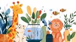 可愛動物與綠植溫馨場景