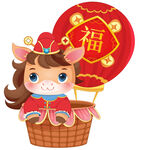 春節(jié)小馬駒坐熱氣球福字卡通插畫