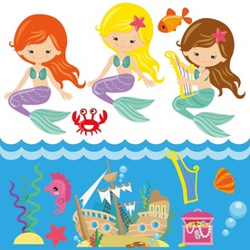 美人鱼轮船海洋卡通素材