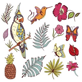 鹦鹉鲜花植物矢量卡通素材