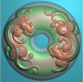 圆形双龙貔貅平安扣挂件精雕图