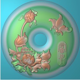 圆形牡丹花蝴蝶平安扣精雕图浮雕