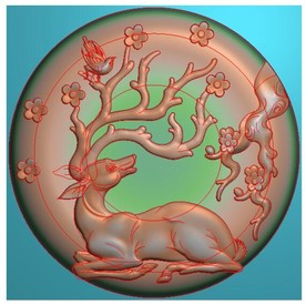 圆形玉雕梅花鹿挂件圆牌精雕图