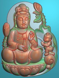 送子观音童子莲花挂件精雕图浮雕