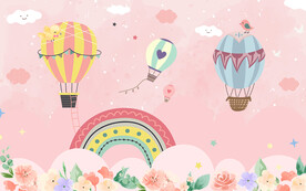 手绘粉色热气球背景墙