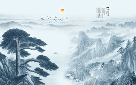 水墨画迎客松背景墙