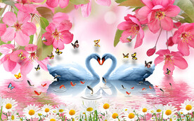 浪漫桃花天鵝湖電視背景墻