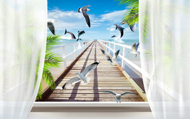 海邊棧橋海鷗電視背景墻